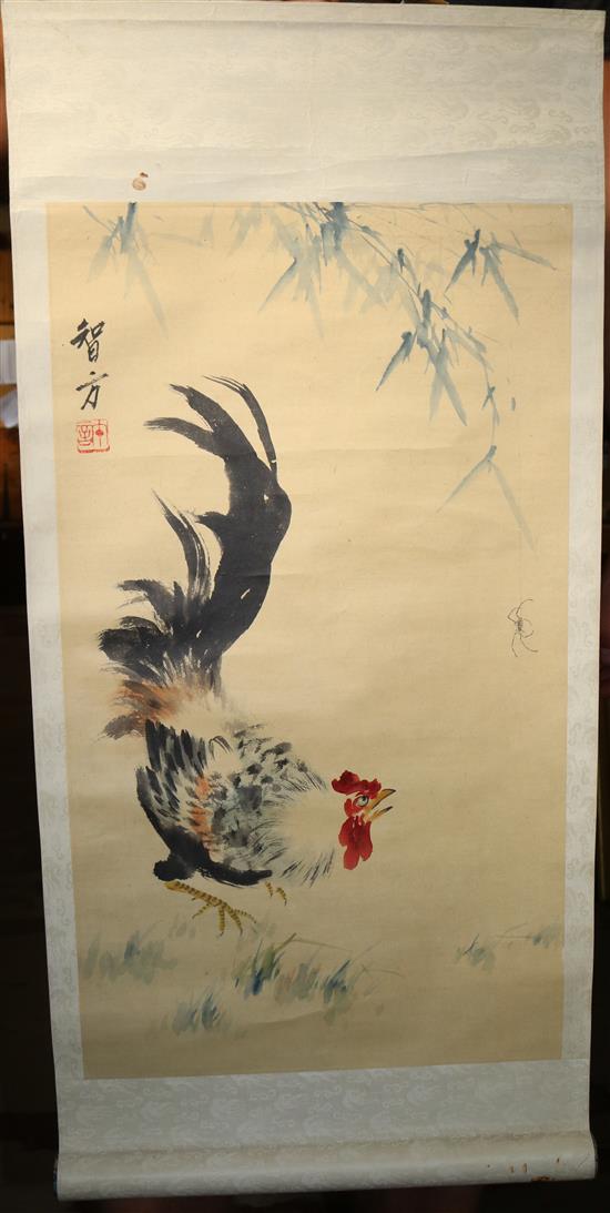 Chinese Scroll Painting of a cockerel and Spider, 1 of crayfish, 1 of chrysanthemum & 2 of bluetits (5)